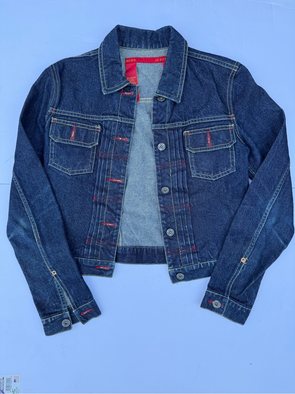 BCBG Indigo Denim Jean Jacket with Red Stitch Accents